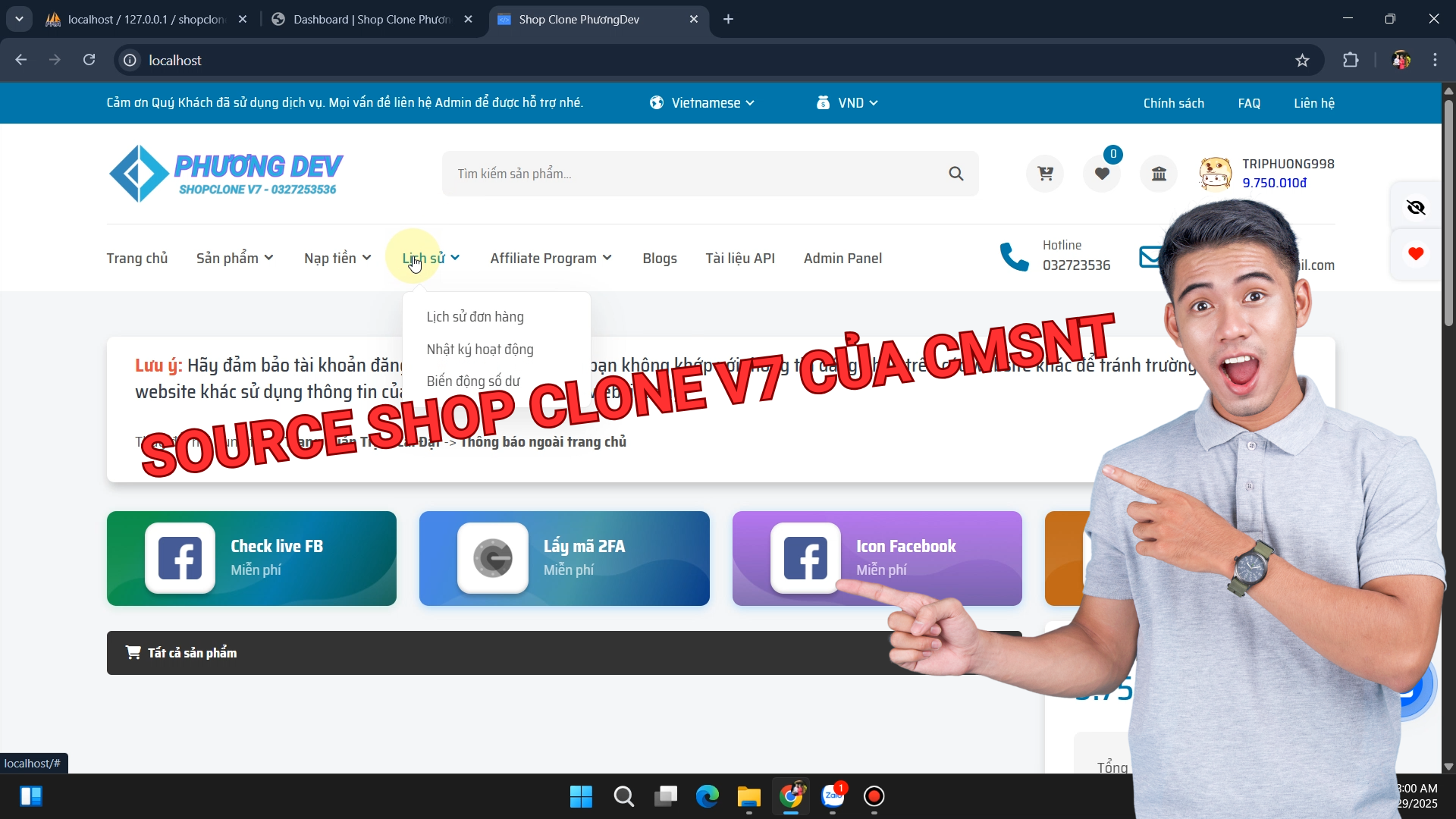 [SHOPCLONE7] Thiết kế website bán clone, web bán nguyên liệu ads, mail, via, chat gpt v.v